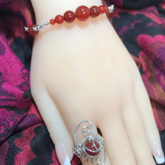 Red Agate Sterling Silver Bracelet- Red Agate Link and Bead Style Bracel… - Picture 4 of 7